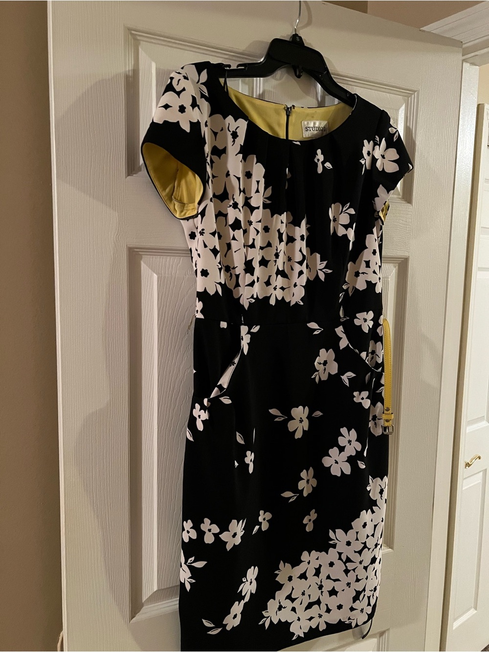 Studio I Black and White Floral Midi Dress with Yellow Lining